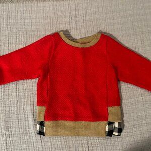 Miki Miette Red and Brown Sweater with Black and White Plaid Ruffle Detail